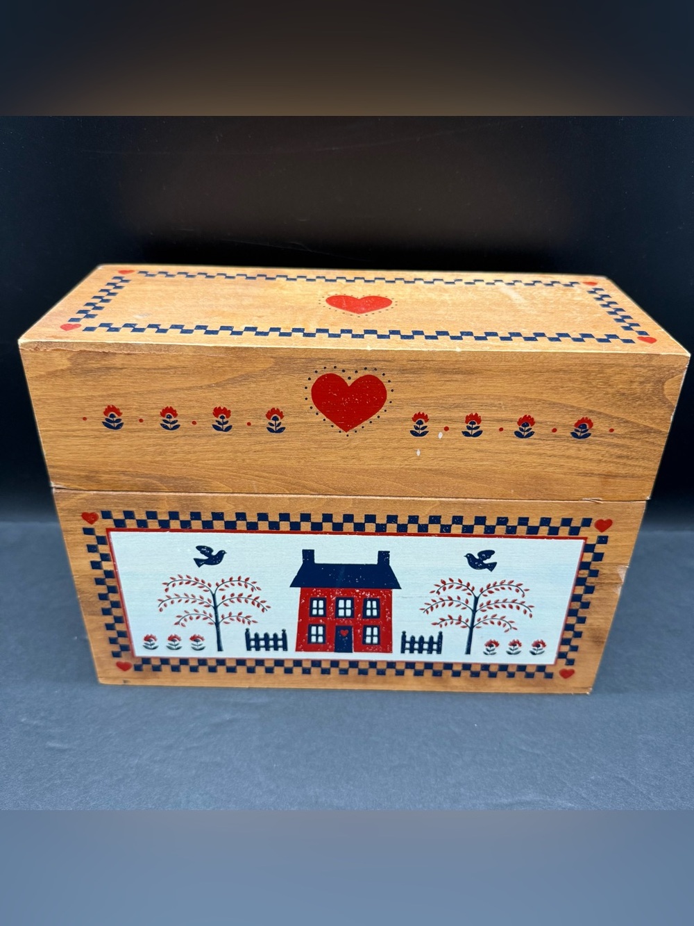 American Country Home Wood Box Organizer Recipe Card Primitive House Vtg Cottage